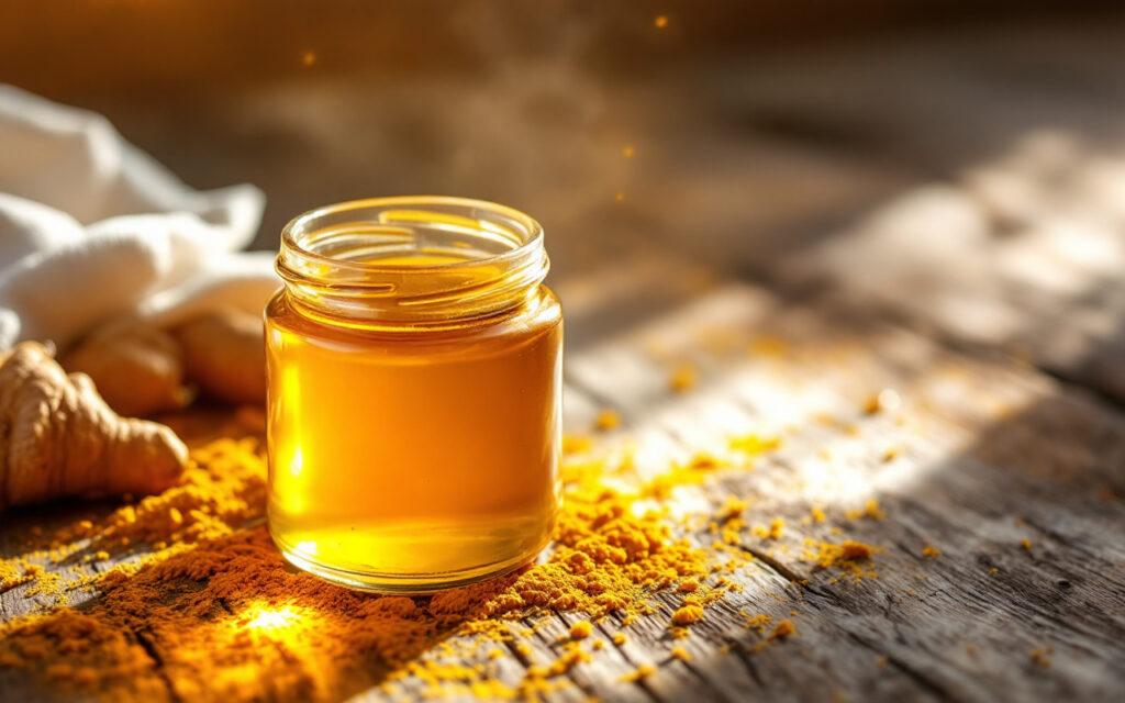 Un pot de miel avec du curcuma sur une table en bois rustique, éclairé par une lumière dorée et chaleureuse, mettant en valeur les textures du bois et du pot.