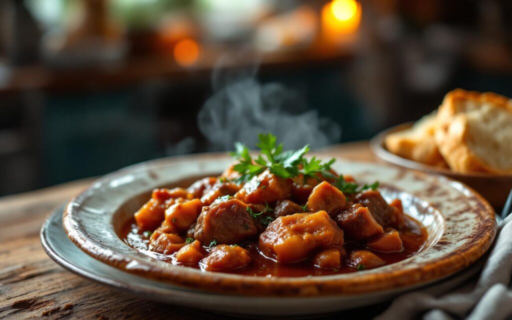 Assiette de civet de sanglier mijoté au vin rouge dans une cuisine familiale traditionnelle, ambiance rustique et chaleureuse.