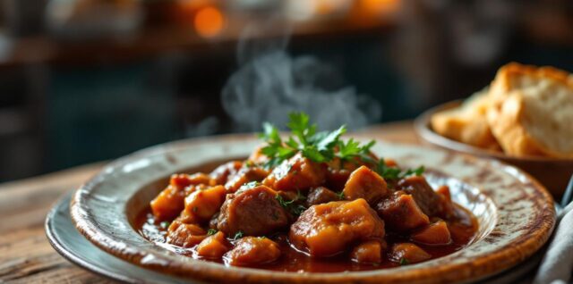 Assiette de civet de sanglier mijoté au vin rouge dans une cuisine familiale traditionnelle, ambiance rustique et chaleureuse.