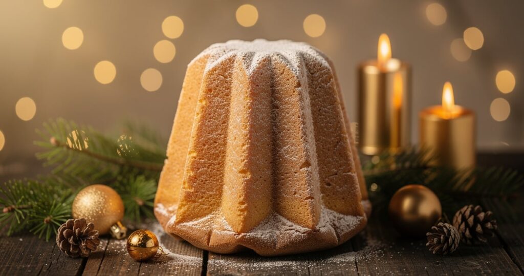 Pandoro italien en forme d etoile saupoudre de sucre glace sur une table de Noel