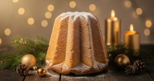 Pandoro italien en forme d etoile saupoudre de sucre glace sur une table de Noel