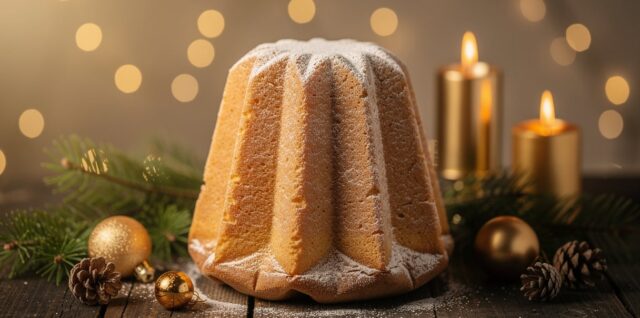 Pandoro italien en forme d etoile saupoudre de sucre glace sur une table de Noel