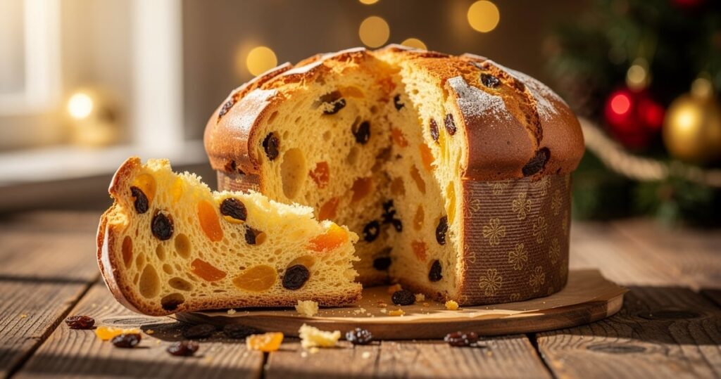 Panettone italien traditionnel coupé sur une table en bois