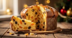Panettone italien traditionnel coupé sur une table en bois