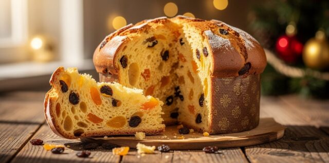 Panettone italien traditionnel coupé sur une table en bois