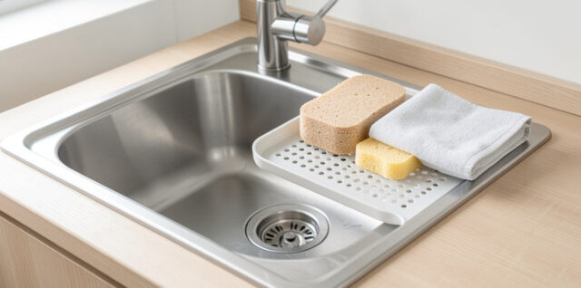 Évier de cuisine lumineux avec une lavette en silicone, une éponge végétale et une microfibre propres disposées sur un support ajouré.