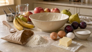 Plan de travail lumineux présentant des bananes tachetées, des pommes légèrement marquées, des poires, des prunes, des ingrédients de gâteau maison et un saladier en céramique.