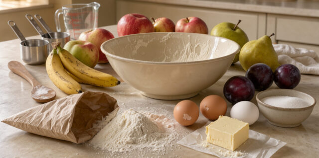 Plan de travail lumineux présentant des bananes tachetées, des pommes légèrement marquées, des poires, des prunes, des ingrédients de gâteau maison et un saladier en céramique.