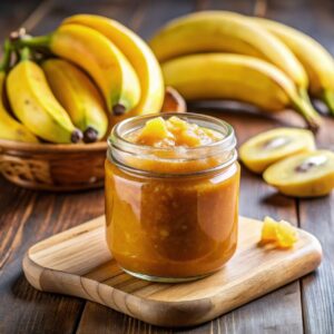 Pot de confiture de banane maison à la vanille, prêt à tartiner