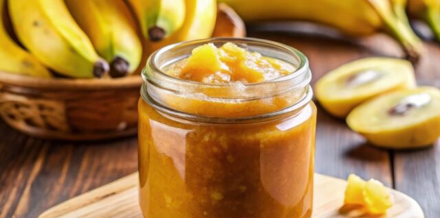 Pot de confiture de banane maison à la vanille, prêt à tartiner