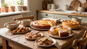 Table rustique garnie de pain d'épices, de nonnettes, de far breton et de gâteau creusois dans une cuisine familiale baignée de lumière douce.