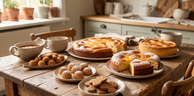 Table rustique garnie de pain d'épices, de nonnettes, de far breton et de gâteau creusois dans une cuisine familiale baignée de lumière douce.